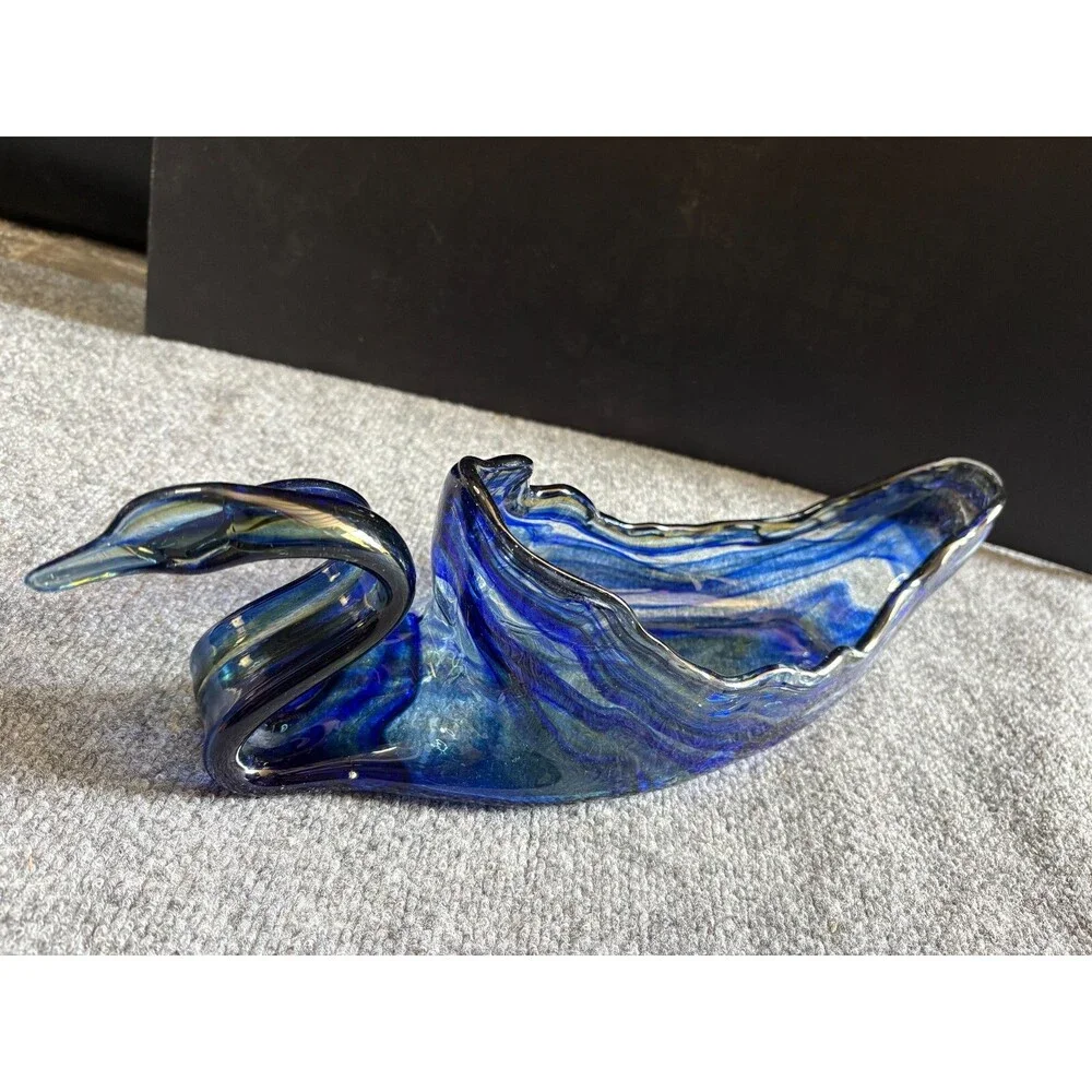 Swan Dish Bowl Vase Murano Style Hand Blown Art Glass Large Blue Vintage 18